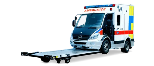 Emergency ambulance, flashing blue lights, sirens blaring loudly, reflective stripes, shiny metal body, wheels spinning rapidly, open back doors, stretcher inside, medical equipment scattered, paramed