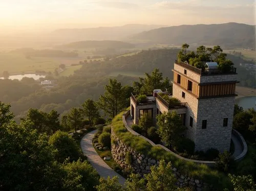 Panoramic watchtower, lush greenery, rugged stone walls, weathered wooden accents, panoramic views, scenic overlooks, rolling hills, serene countryside, misty dawn, warm golden lighting, soft focus, 3