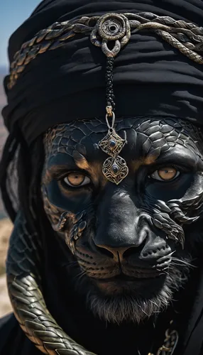 the face is covered with a black veil, a Persian shaman in black clothes with snakes, a black veil, with a black amulet of a terrible black lion, in the background - the Greek coast, olive valley,afar