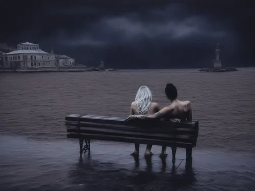 conceptual photography,sirene,photo manipulation,isoline,catatumbo,loneliness,melancholy,solitude,photomanipulation,surrealism,seadrift,mourning swan,drowned,abandonment,marooned,foundering,black landscape,submersion,adrift,dark gothic mood,Illustration,Realistic Fantasy,Realistic Fantasy 46