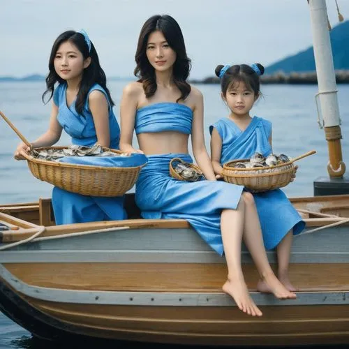 A Japanese mother and daughters wearing  traditional blue-wave-print loincloths, sitting on a fishing boat, holding two baskets of oysters.,three women and one girl in a blue dress sit in a small boat