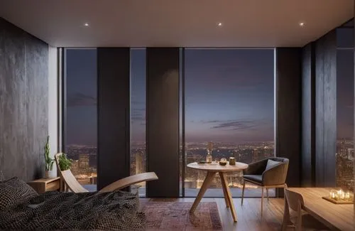 BLACK THEME, BLACK RUSTIC INTERIOR ,ULTRA 32K REALISTIC,
VIEW TO CITY,a bedroom with a table and chairs overlooking the city at night,penthouses,sky apartment,luxury bathroom,great room,modern room,sk