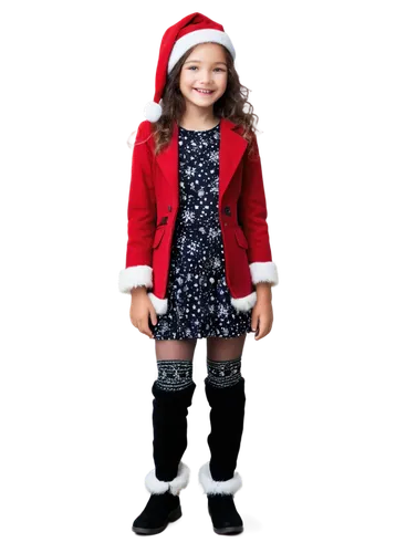 Merry Christmas girl, festive atmosphere, Santa hat, red coat, white fur trim, snowflake patterned tights, black boots, gift in hand, smiling face, rosy cheeks, sparkling eyes, soft focus, warm lighti