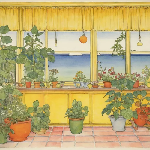 80s synthpop,windowsill,greenhouse,window sill,conservatory,veranda,balcony garden,bedroom window,bay window,yellow garden,greenhouse cover,house plants,nursery,indoor,carol colman,balcony,window view