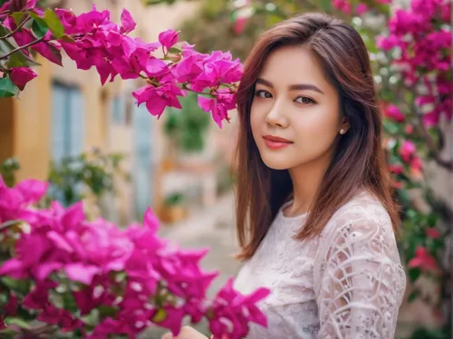 Girl & Bougainvillea, Flower, Lady, Woman, Portrait,vietnamese woman,vietnamese,beautiful girl with flowers,miss vietnam,flower background,viet nam,vietnam vnd,gỏi cuốn,phuquy,bia hơi,vietnam,vietnam'