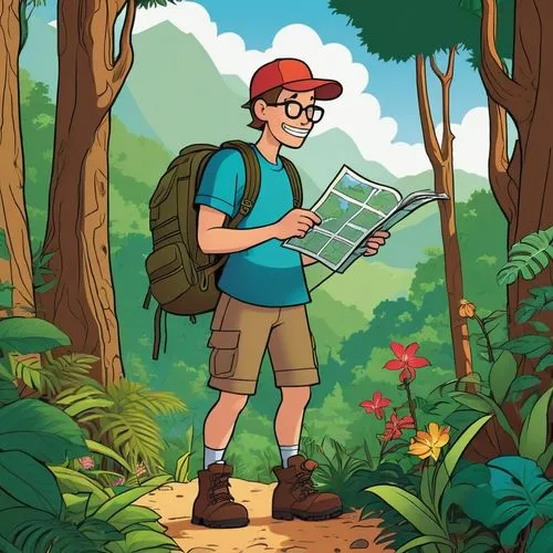 hiker,ecotourist,adventurer,backpacker,dilton,venturer,tourist,paleobotanist,wander,geocachers,backpacking,traveler,adventuresome,guidebooks,letterboxing,cartoon forest,guidebook,expeditions,adventure,sightseer,Illustration,Children,Children 02