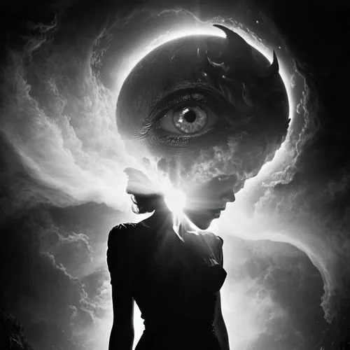 mirror of souls,third eye,precognition,ecliptic,lovecraftian,dark art,abductee,mediumship,samuil,telepath,occulted,psyche,occultism,cosmic eye,extradimensional,invoking,conjuror,eclipse,woman silhouette,dualistic,Photography,Black and white photography,Black and White Photography 08