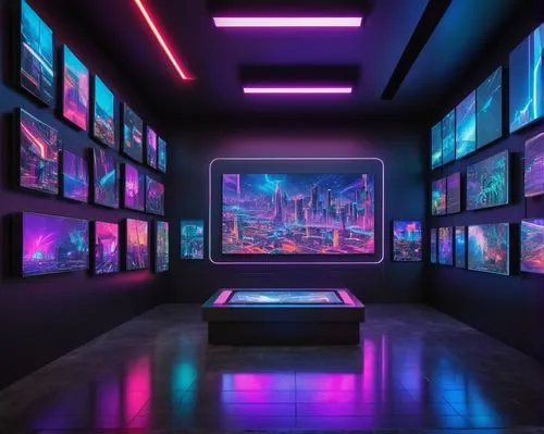 Futuristic digital gallery, neon lights, sleek metal walls, holographic display screens, AI-generated artwork, vibrant colors, abstract shapes, 3D models, robotic sculptures, cyberpunk atmosphere, hig