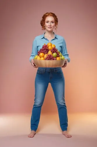 A woman holding a fruit platter, wearing jeans, bare feet, gradient background,ginger hair,woman in jeans with basket full of fruit and smiling,woman eating apple,fruitbearing,woman holding pie,orthor