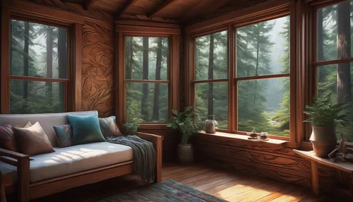 Imagine a cozy cabin in the woods, where the soft bristles of a brush are used to paint intricate patterns on the walls.,wooden windows,wood window,the cabin in the mountains,cabin,log cabin,window tr