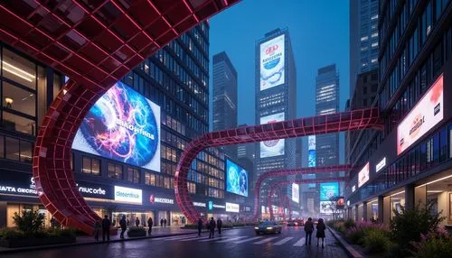 Glowing neon lights, futuristic skyscrapers, curved metallic surfaces, holographic advertisements, towering cityscape, cinematic sci-fi atmosphere, sleek aerodynamic lines, iridescent colors, LED ligh