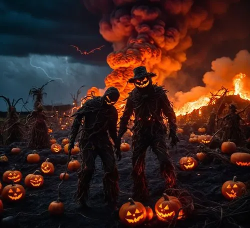 a unique scary Halloween figure taking  the night  with spooky tornado of pumpkins, scarecrows and ghosts ,the two people are in front of a fire and pumpkins,halloween background,halloween scene,hallo