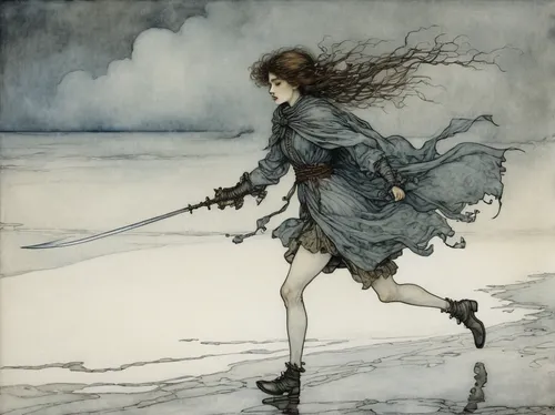 arthur rackham,rusalka,swordswoman,the wind from the sea,scythe,amano,pall-bearer,sleepwalker,the snow queen,the sea maid,the wanderer,water-the sword lily,dance of death,wind warrior,girl on the dune,the shallow sea,wanderer,walker,wind,dowsing,Illustration,Retro,Retro 25