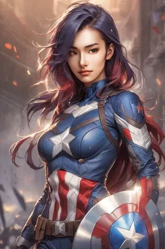  Heavy makeup, messy dyed hair, angular cheekbones, small eyes, thin lips, low nose, upper body,an artist of captain america holding a shield,capitanamerica,captain american,superhero background,capta