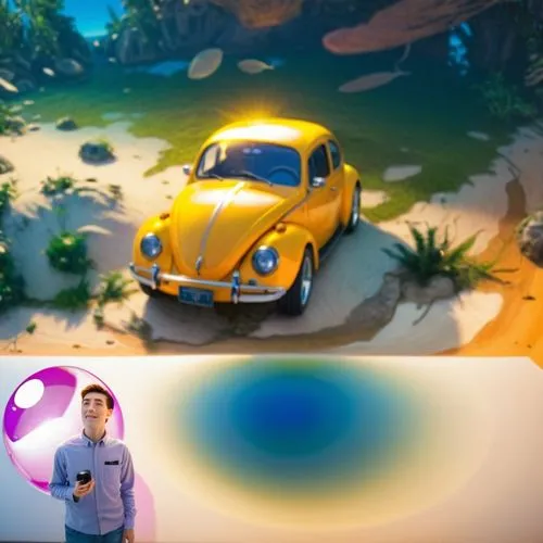 an employee standing in front of a brightly colored wall painting of a yellow car,autopia,the beetle,photosynthesis,shaders,background design,beetle fog,Illustration,Realistic Fantasy,Realistic Fantas