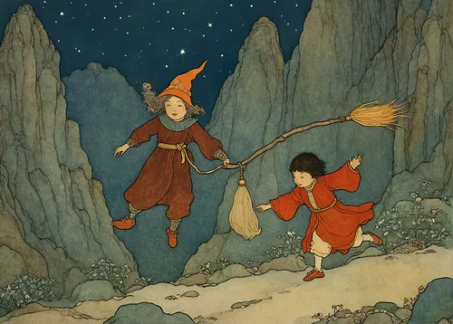 the pied piper of hamelin,kate greenaway,gnome skiing,fairies aloft,hanging elves,children's fairy tale,elves flight,fairytale characters,elves,witches,happy children playing in the forest,fairy tales,broomstick,book illustration,fairies,fairy tale,vintage illustration,celebration of witches,vintage fairies,gnome ice skating,Illustration,Retro,Retro 17