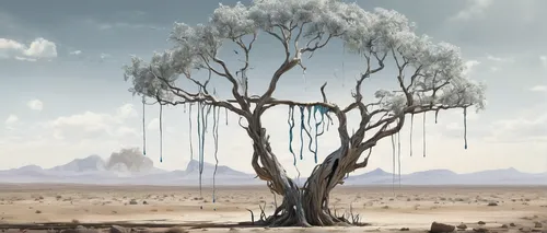 Imagine a post-apocalyptic world where water is scarce, and a lone survivor must ration drops of water for a lone, struggling tree.,dead vlei,arid landscape,arid land,isolated tree,bodhi tree,arid,lon