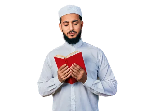 Arabic man, traditional clothing, white thawb, red taqiyah, beard, mustache, holding Quran, praying, hands together, closed eyes, peaceful face, soft lighting, warm colors, shallow depth of field, cin