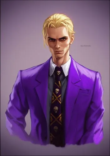 金发，欧亚混血，紫色西装男子，骷髅卡通图案领带
,a digital painting of a man with blonde hair in a purple suit,arcangelo,klavier,tangelo,junzo,melikov,scummvm,Photography,General,Realistic