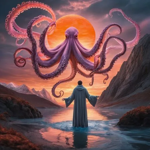 cthulhu,octoechos,pink octopus,illithid,octopus,lovecraftian,Illustration,Realistic Fantasy,Realistic Fantasy 02