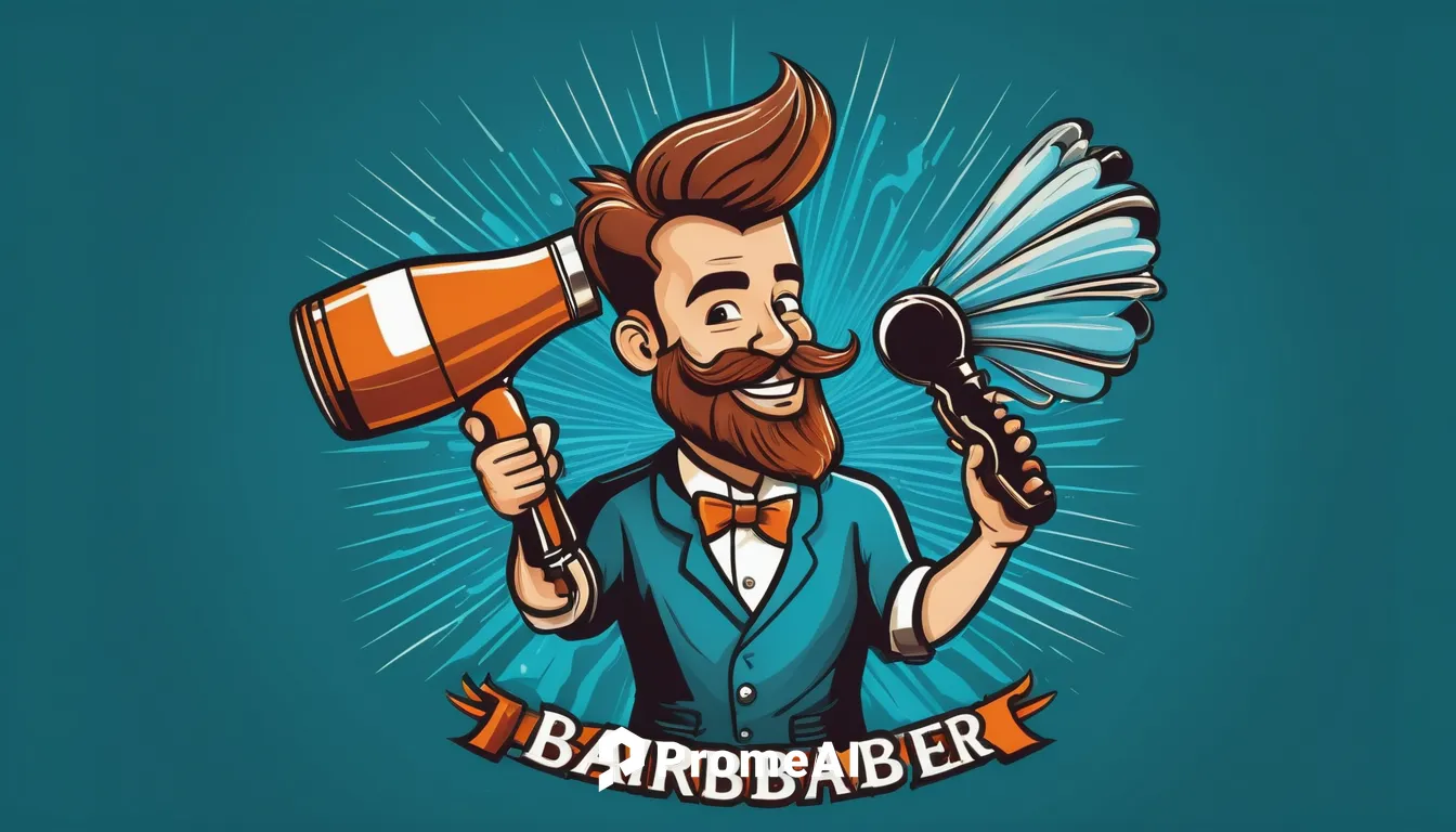 Craft a playful barber logo with a cartoon character holding a hairdryer, radiating joy.,barber,barbershop,barber shop,barber chair,handlebar,barrister,barbet,hairstyler,barrel,barbacoa,barbeque,beard