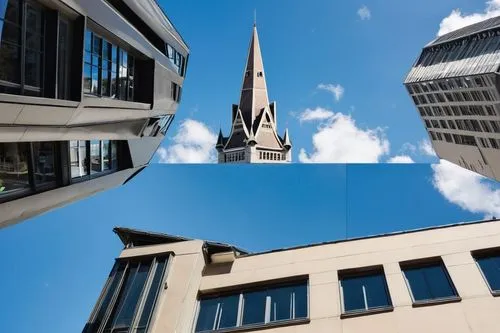 Zurich architecture, modern skyscraper, glass facade, steel framework, urban landscape, cityscape, Switzerland, Alps mountain range, sunny day, blue sky with few clouds, detailed windows, metallic ref