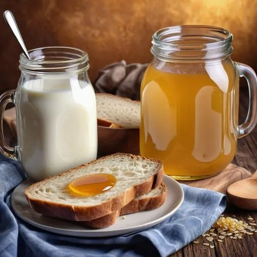 home made bread and a jar of honey and a mug of milk,there is a white plate with two pieces of bread and a bottle of milk,jar of honey,honey jars,honey jar,honey products,mason jar,tost,Photography,Ge