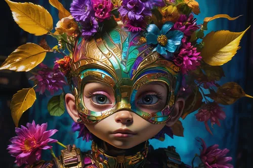 masquerade,venetian mask,flower fairy,girl in a wreath,brazil carnival,fantasy portrait,child fairy,flower girl,the carnival of venice,golden mask,cirque du soleil,flower animal,3d fantasy,artist doll,golden wreath,girl in flowers,elven flower,la catrina,asian costume,mardi gras,Photography,Artistic Photography,Artistic Photography 08