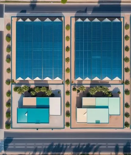 top view of a low high blue plastic covered green houses with modern flat roof houses and palms in roads , real modern design in saudi arabia, real colores,  ,solar modules,solar panels,photovoltaic c