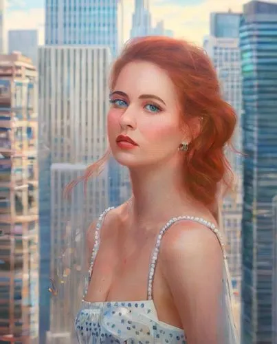 a lady wearing a white dress with blue eyes,world digital painting,macniven,jasinski,romanoff,chastain,triss,Common,Common,Cartoon