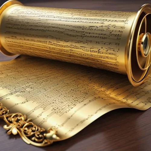 antiphonary,paper scroll,manuscripts,gold trumpet,calligraphers,artscroll,gold foil dividers,manuscript,epigrapher,ketubah,sheet of music,parchment,voyager golden record,vintage ilistration,calligrapher,sackbut,scribal,instrument music,musical score,concordances,Photography,General,Realistic