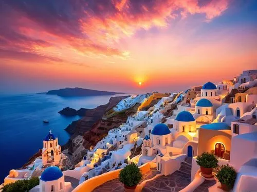 santorini sunset,the sunset is reflecting off the buildings on the mountain top,greek islands,greek island,greece,grecia,hellenic,grece,Illustration,Realistic Fantasy,Realistic Fantasy 01