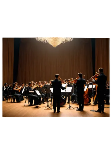 Grand concert hall, symphony orchestra, evening performance, dimmed lights, elegant chandeliers, wooden stage, polished floor, rows of musicians, men in tuxedos, women in formal gowns, violins, cellos