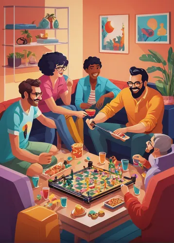 settlers of catan,game illustration,tabletop game,board game,digital nomads,community connection,dinner party,vector people,game room,housewarming party,cubes games,poker table,round table,drinking party,island group,food table,game art,card game,thanksgiving table,parcheesi,Illustration,Retro,Retro 26