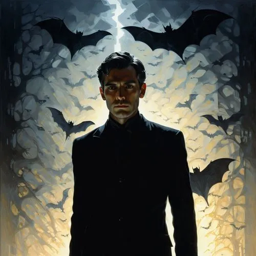 Create a dark and mysterious but handsome man with dark past picture. His eyes is shining with mysterious light. A creepy castle far behind the back of man. Bats fly. ,dracula,lovecraft,petyr,crowley,