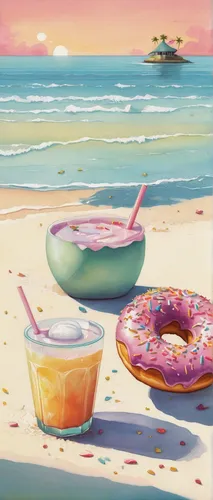 donut illustration,dream beach,donut drawing,beach scenery,summer background,summer icons,summer still-life,donuts,pink beach,malasada,beach background,beach landscape,summer day,delight island,beaches,doughnuts,sea-shore,beach furniture,seaside country,seaside,Illustration,Realistic Fantasy,Realistic Fantasy 05