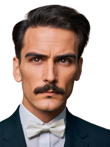 Transparent mustache, detailed facial hair, curved shape, waxed ends, brown color, thick eyebrows, masculine face, strong jawline, piercing eyes, elegant suit, white dress shirt, black bow tie, confid