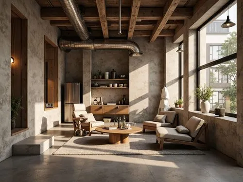 Rustic concrete walls, earthy tone plastering, natural texture, rough-hewn stone accents, industrial-chic aesthetic, modern minimalist decor, urban loft atmosphere, exposed ductwork, polished metal fi