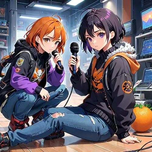 halloween wallpaper,duet,halloween background,announcer,singers,consoles,love live,radio set,tangerines,anime japanese clothing,radio,jacket,two girls,halloween banner,citrus,orange juice,broadcast,sitting,cg artwork,hiphop,Anime,Anime,Realistic