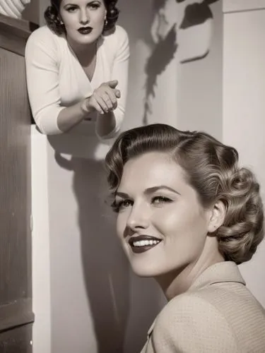 Historical scene in Texas,the woman is smiling near a wall with two models,ingrid bergman,jane russell-female,hayworth,gena rolands-hollywood,rita hayworth,1940 women,Photography,Black and white photo