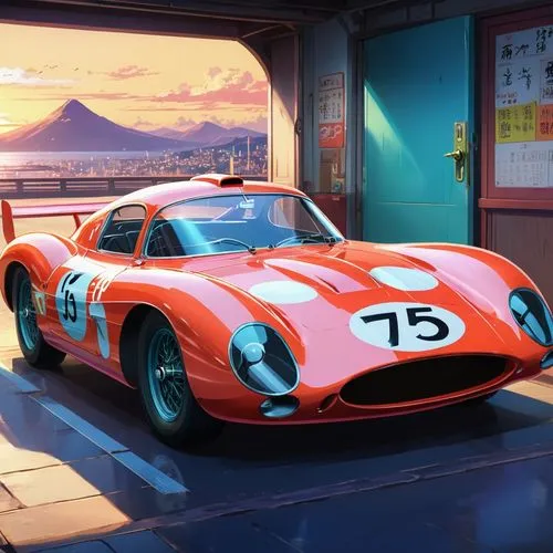 A 1950s sports vehicle for high-speed racing, but also having a matching two-color flash and a number on the door.,an old timey racing car with the number 15,porsche 917,lemans,bizzarrini,ferrari 250 