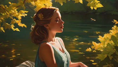 digital painting,girl on the river,jessamine,the blonde in the river,golden light,world digital painting,girl with tree,goldenlight,golden crown,golden autumn,oil painting,water nymph,girl in the garden,summer crown,spring crown,romantic portrait,mystical portrait of a girl,autumn idyll,idyll,summer evening,Conceptual Art,Daily,Daily 12