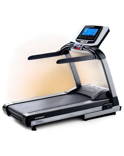 Treadmill, modern, metallic, electronic display, buttons, handles, safety rails, inclined platform, rubber belt, wheels, motor, sleek design, low-angle shot, close-up of console, softbox lighting, 3/4