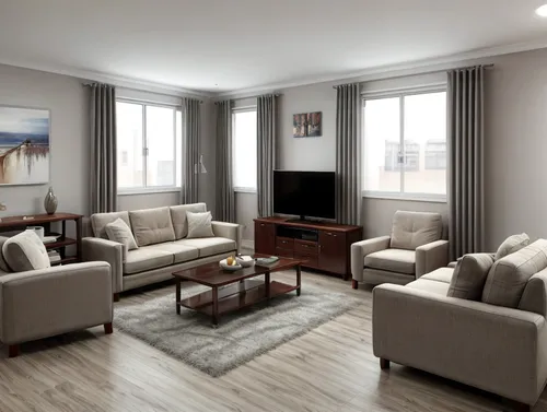 Living Room with Furniture Description:

In the living room, there is a dining table with four chairs, as well as a three-seater sofa and a single-seater sofa.,apartment lounge,3d rendering,family roo