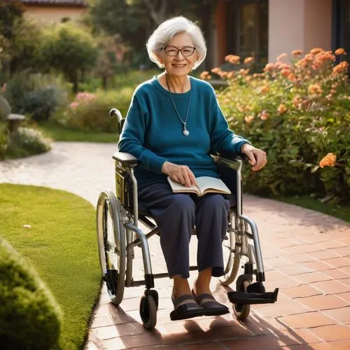 Elderly lady, senior citizen, 70yo, gentle smile, silver hair, reading glasses, comfortable clothing, warm sweater, loose trousers, walking stick, villa, residential area, peaceful surroundings, garde