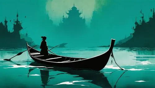 In dreams, I'm moving through heavy water, by Lotte Reiniger, by Zao Wou-Ki, teal,the person in the long boat is looking at the large towers,midwater,emerald sea,adrift,canoe,boat landscape,perahu,gon