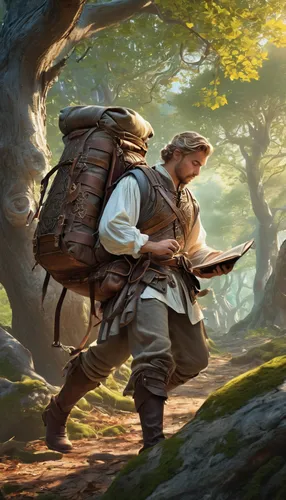 the wanderer,travelers,traveler,adventurer,hiker,backpacking,pilgrims,traveller,game illustration,backpack,wanderer,forest workers,backpacker,farmer in the woods,mountain guide,wander,peddler,hunting scene,foragers,explorer,Conceptual Art,Fantasy,Fantasy 24