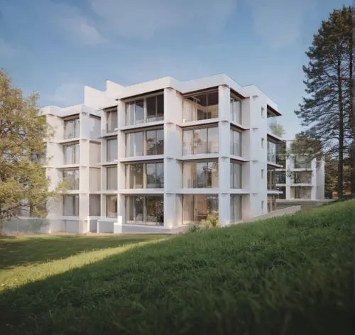 grass and trees
,there are white and modern buildings in the background,arkitekter,plattenbau,passivhaus,europan,appartment building,architektur