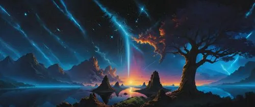 painting art colorful sky stars and lights trees,fantasy landscape,fantasy picture,starclan,auroral,firefall,northen lights