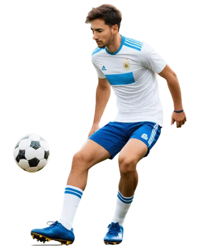 Jose Felix Ribas, Argentinian footballer, solo, (30yo), short hair, athletic build, muscular arms, white jersey, blue shorts, football shoes, ball at feet, kicking pose, outdoor stadium, warm sunlight